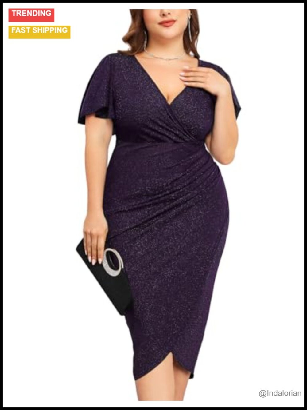 Plus Size Sequin Ruched Bodycon Midi Dress Sparkle Wrap V-Neck Ruffle Sleeve